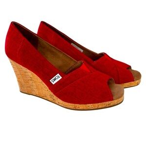 NWT Toms Red Wedge Peep-Toe Sandals Classic Espadrilles Crosshatch Jacquard Sz 6